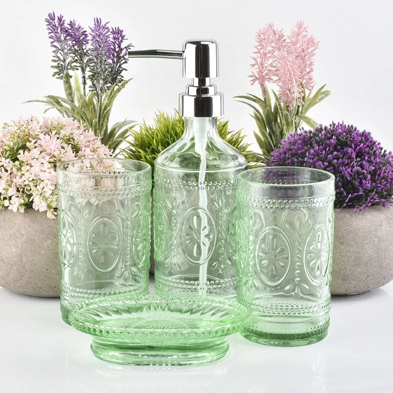 Luxury green emboss Glass bathroom accessories four sets