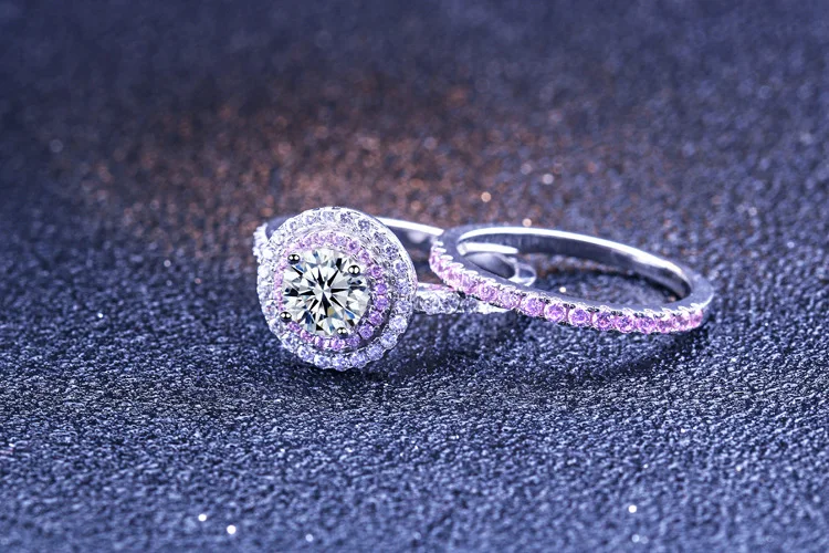 product-BEYALY-Double Halo Double Round Circle Clear And Pink Cz Silver 925 Wedding Ring-img-1