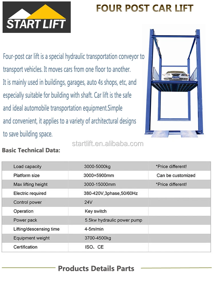 START 3 Tons 5.5M Height Car Elevator Lift Four Post Car Lift
