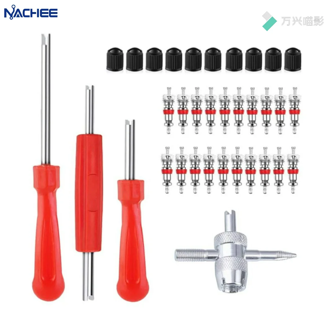 Valve Core Removal Tool Screw Driver Tire Repair Wrench with 5 Valve Cores