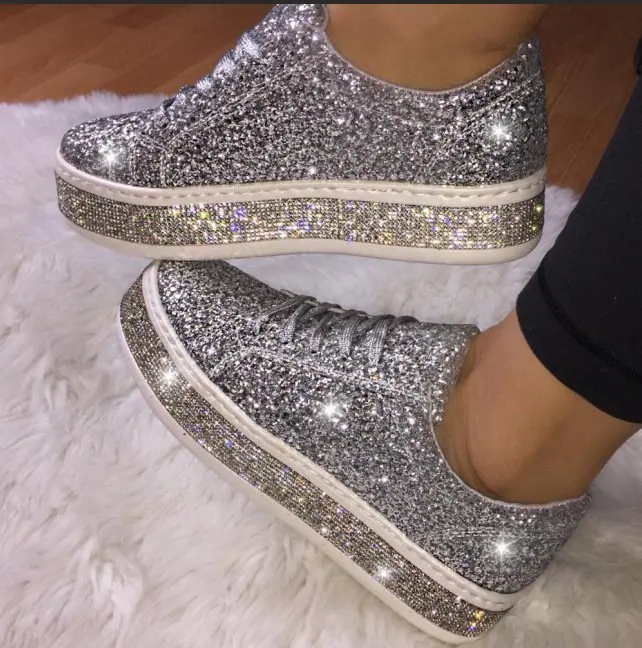 Bling Sneakers Women Shoes Glitter Silver Platform Flats Casual Canvas ...