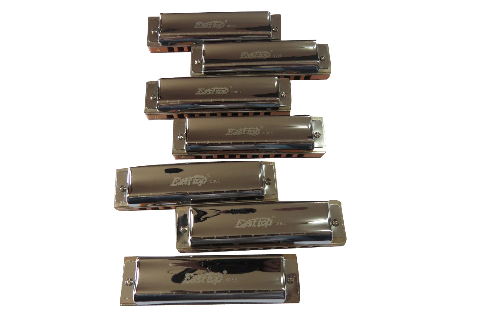 T008s Easttop Silver Harmonica With Different Keys 10 Holes 7 Key Set