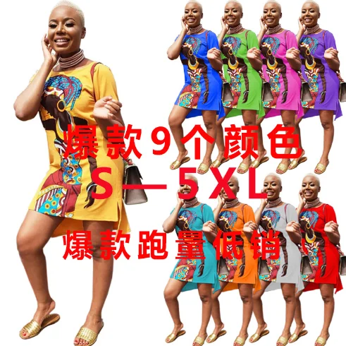 2020 summer 9colors stylish women clothing o neck cartoon print ladies casual high low tshirt dress