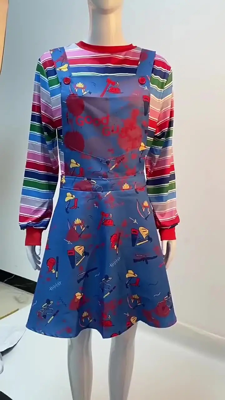 Halloween Child's Chucky Doll Costume Clown Princess Dresses Cosplay Party  Horror Chucky Blue Jumpsuit TV Movie Costume, image size:720x1280