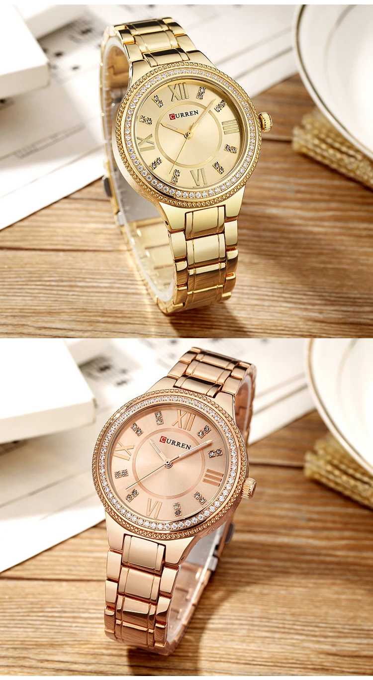 Top Fashion Women Curren 9004 Luxury Crystal Elegant Bracelet Waterproof Lady Quartz Luxury Female Golden Stainless Steel Watch