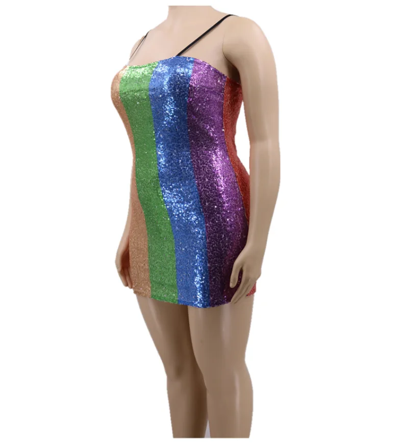 Plus Size Clothing Women Spaghetti Strap Sequin Reflective Dress Multi Color Stripe Dress
