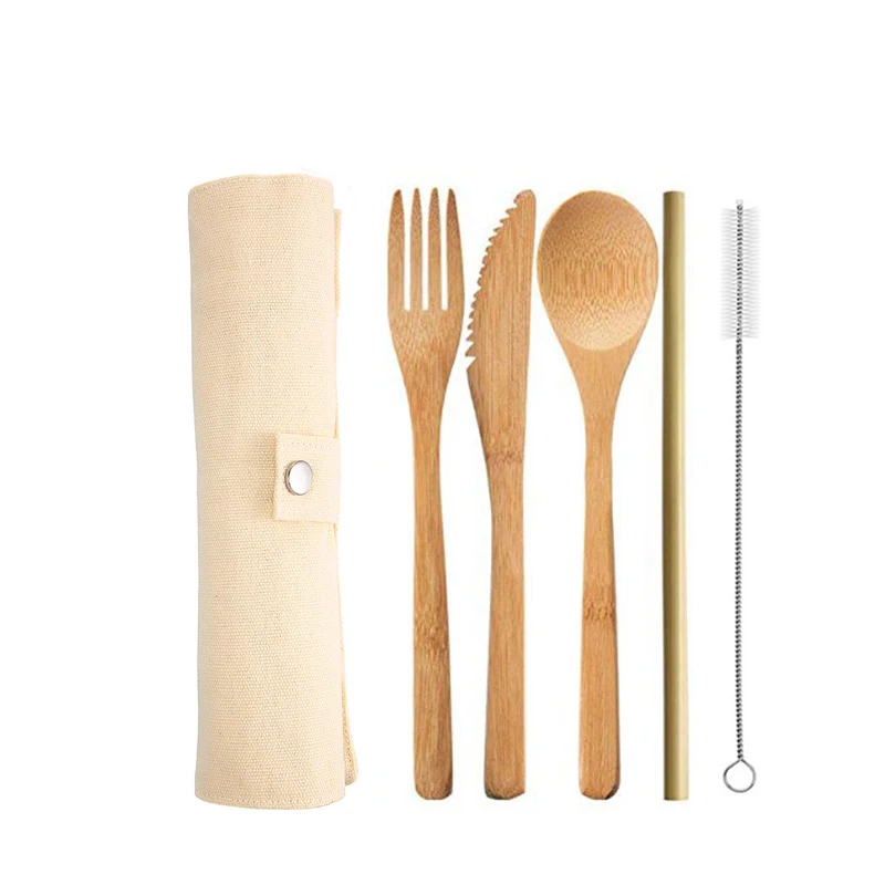 Ecofreindly Bamboo Fork Spoon Knife Stainless Steel Straw Brush
