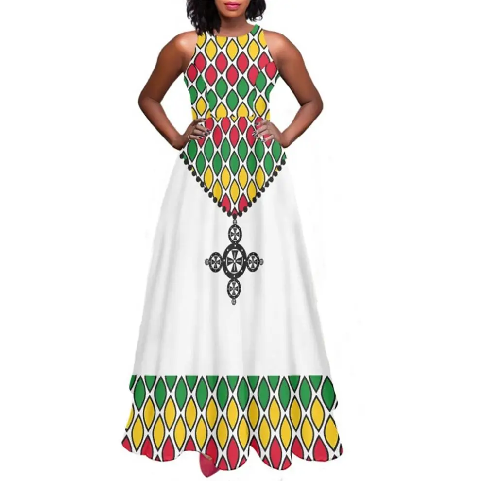 ethiopian casual dress White traditional Ethiopian dress with multicolored embroidery  FTWWL