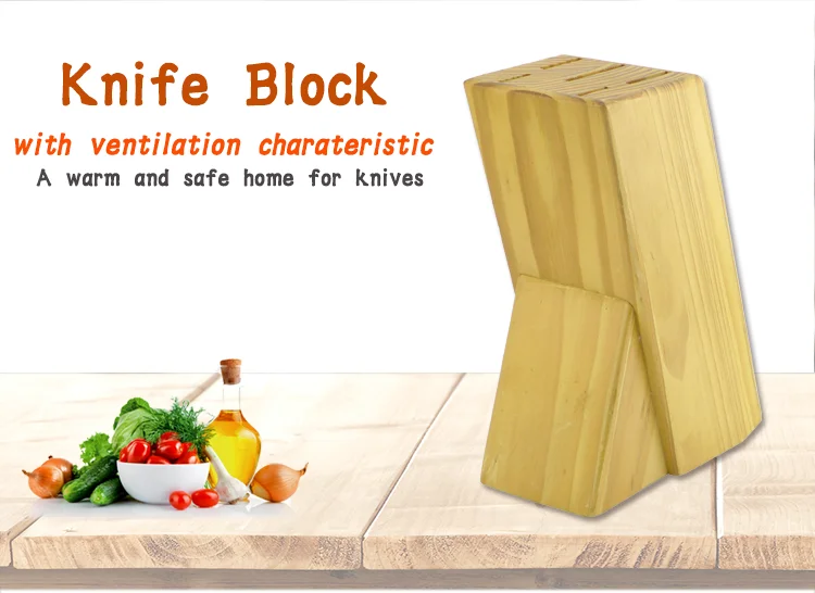Pine  Wood Varnish 5pcs Set Kitchen Knife Wooden Block