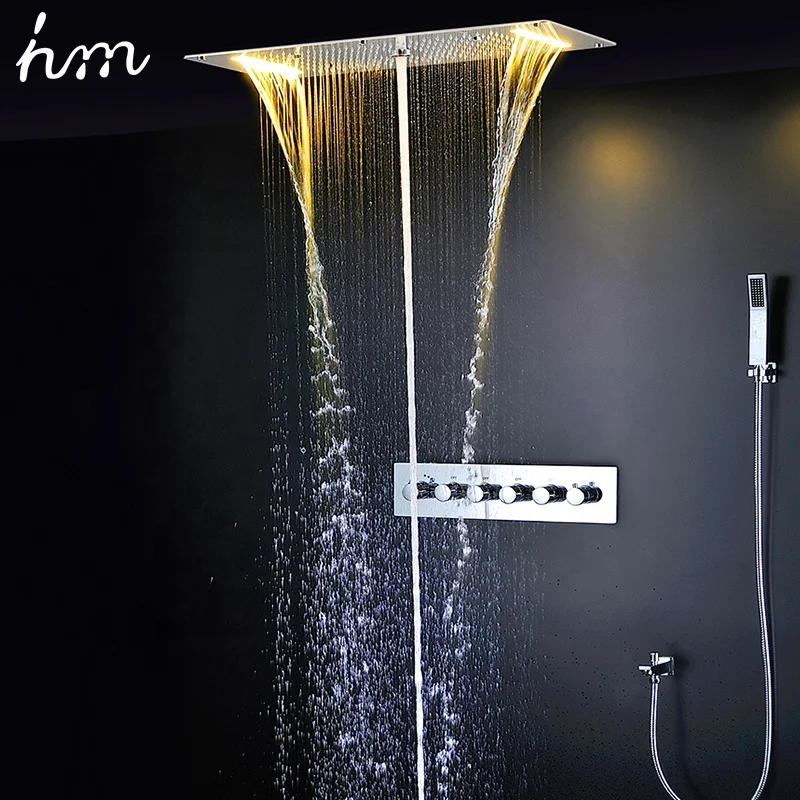 Bathroom Thermostatic Faucets Shower Set 380*700MM Rain Waterfall SPA Misty LED Shower Head Set Hand Shower And Down Water Spout