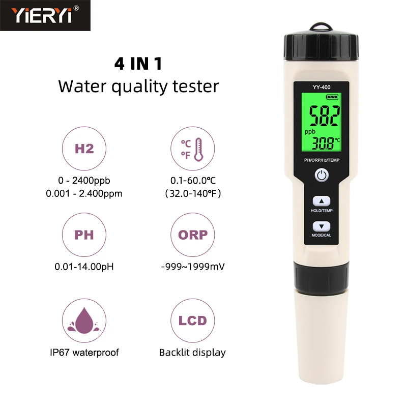 Máy Kiểm Tra Nồng Độ Ion Hydro Kỹ Thuật Số Máy Đo Nước 4 Trong 1 H2 0-2400ppb Cho Bể Cá, Bể Bơi, Nước Uống