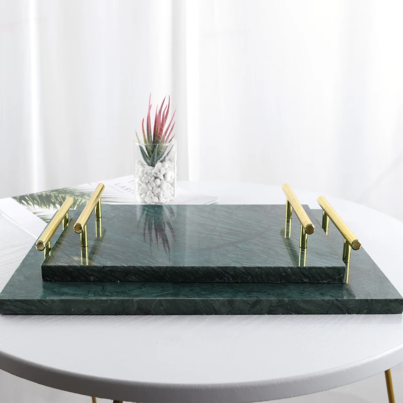 Wholesale Marble Stone Serving Tray Decorative Marble Coffee Food Carrying Tray With Metal