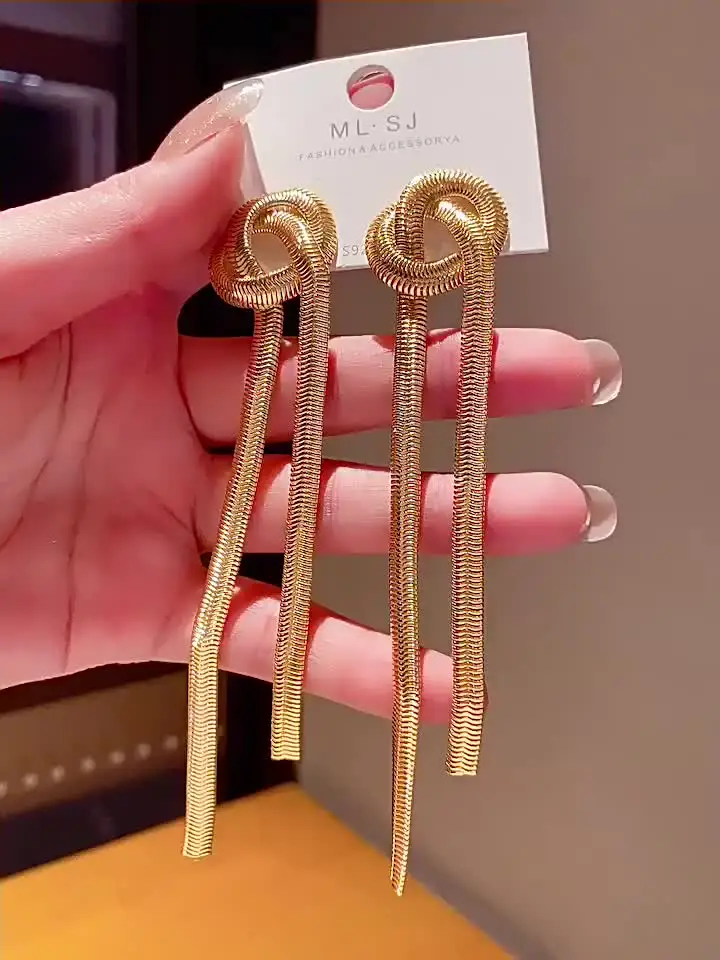 Snake Bone Chain Tassel Earrings with Gold-Plated Copper Knotted