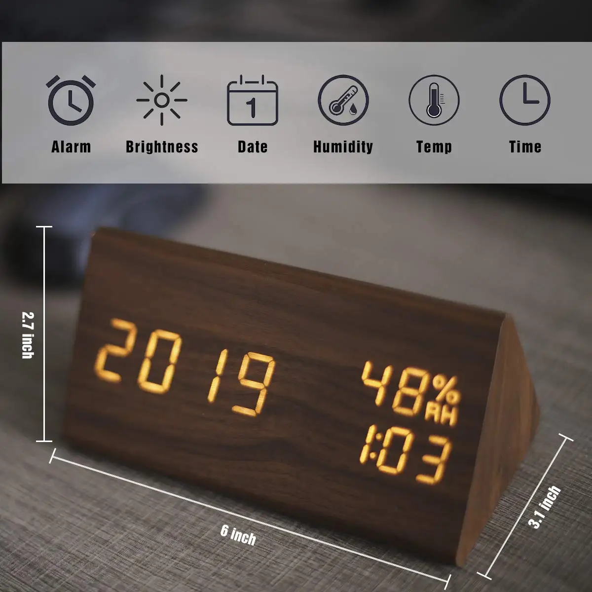 Promotional Digital Wood Table Clock Triangle Led Wooden Alarm Desk ...