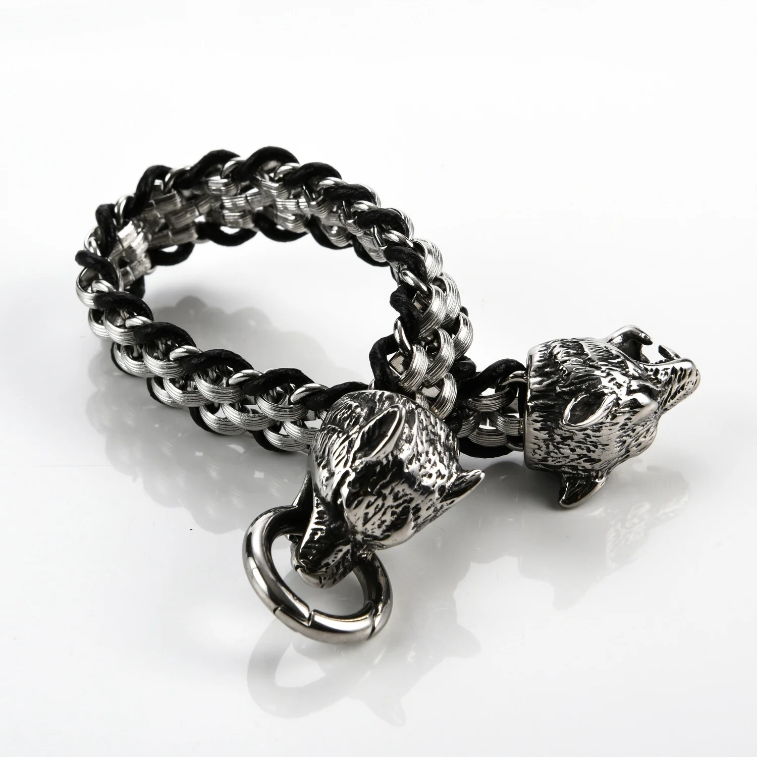 Punk Style Men's Stainless Steel Double Wolf Head Buckle Bracelet Fashion Chain for Men