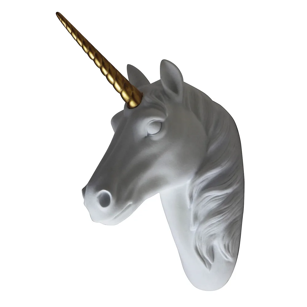 Gold Wall Mount White Unicorn Head Sculpture With Gold Horn Faux Resin