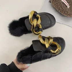 2021 New Fashion Winter Women Slip On Casual Big Chain Fur Flats Shoes Ladies Sexy Loafers Home Outside Fur Sneakers