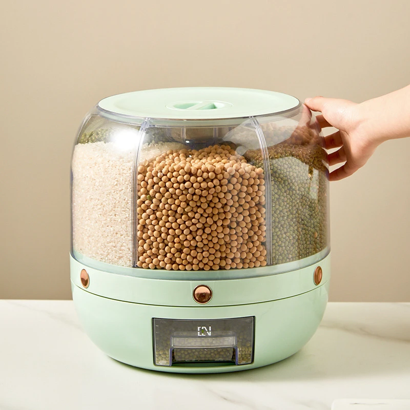 Thickened Kitchen Plastic Cereal Storage Container Rotating 6-Compartment Grain Dispenser Barrel for Dry Food Rice Beans details