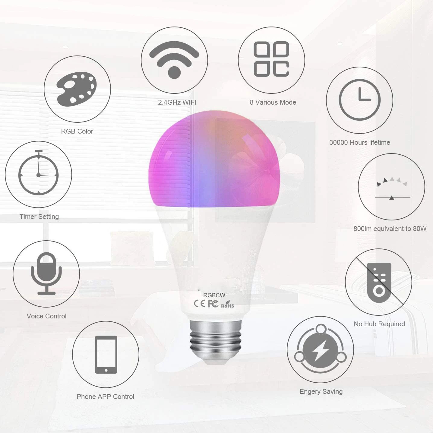 Yarrae Smart LED WIFI Light Bulb with Timer Sunrise Sunset light Function 50w Equivalent E27 Dimmable
