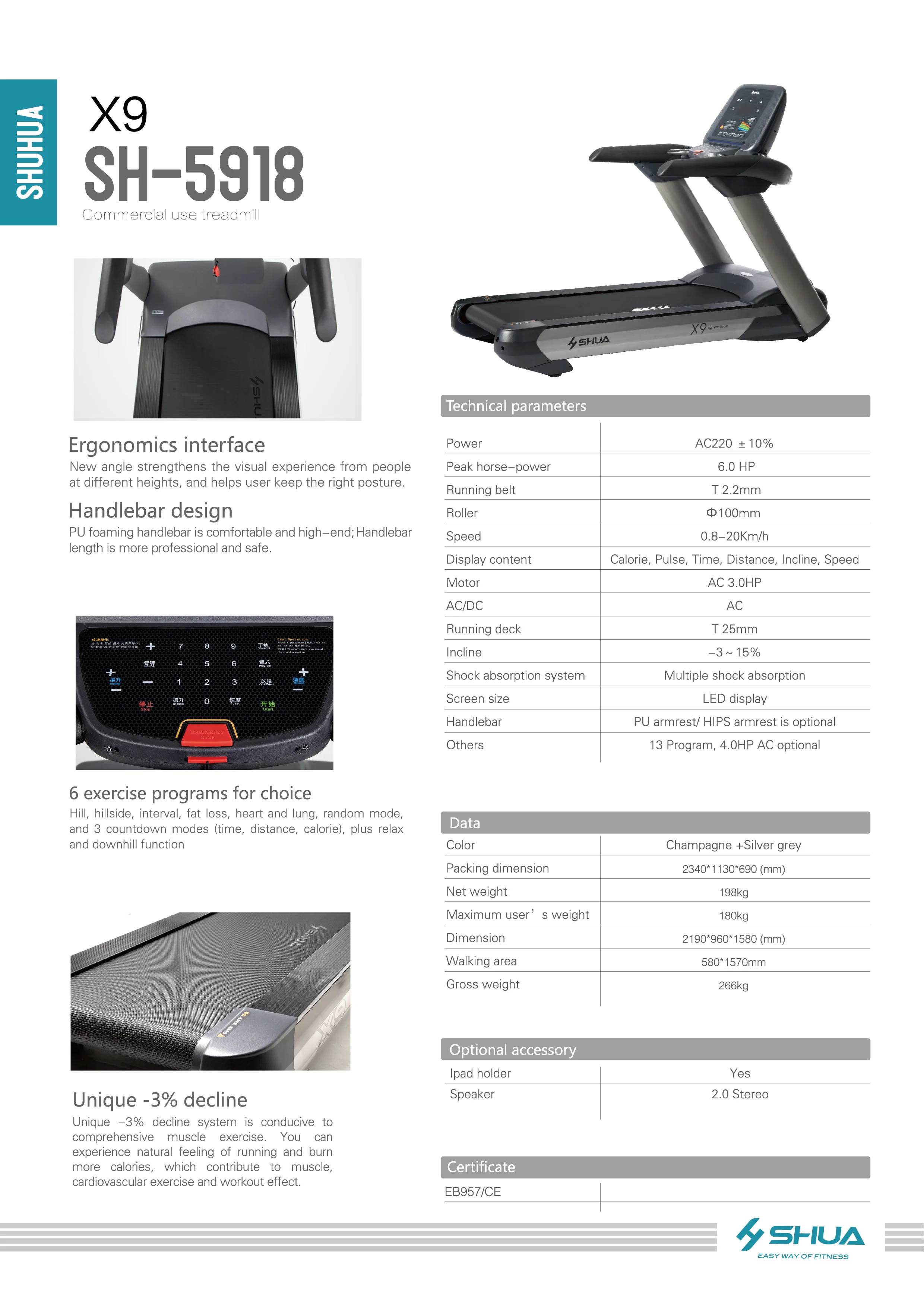 Shua Sh5918 Commercial Treadmill Gym Fitness Equipment Gym Running