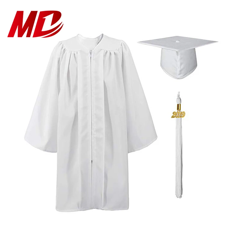 White Matte Children Graduation Uniform Gown With Cap Tassel Y2020 Year