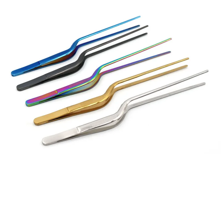 Lengthened Straight Pointed Curved Tweezer for Food Holders Tools Silver Stainless Steel Tweezers