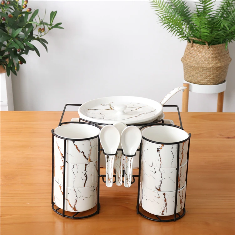 Factory Direct Arabic Soup Bowl Soup Pot Black Marble Ceramic Soup Set