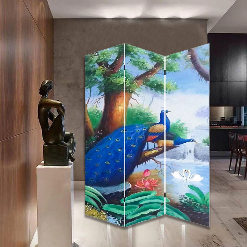 Peacock Room Divider Folded Canvas Screen Movable Divider For Meeting ...