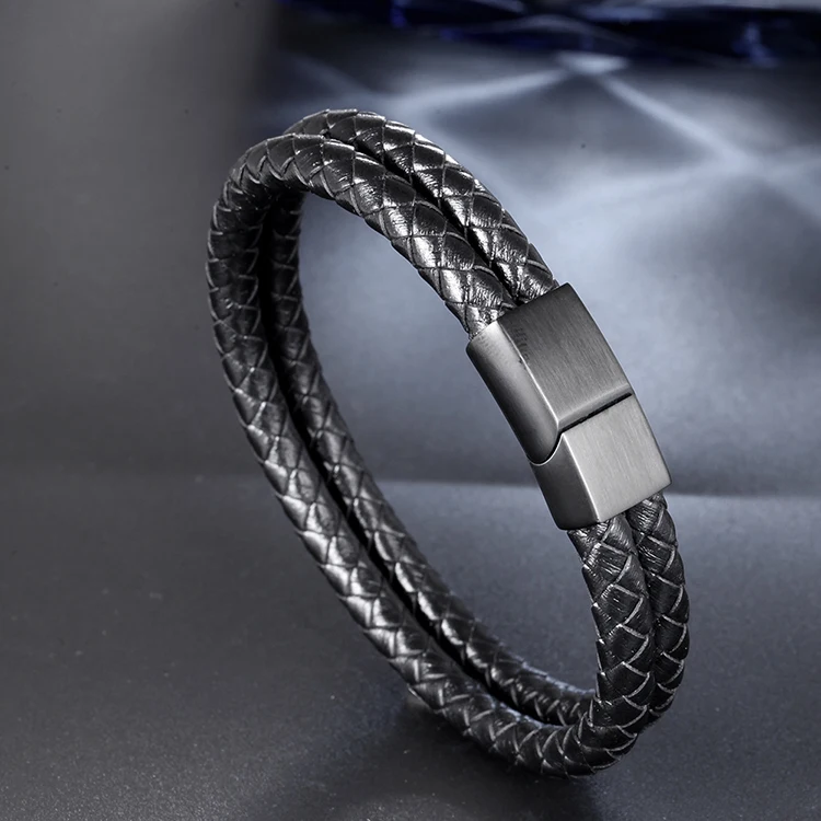 Man Bracelet Custom Stainless Steel Bangle Braided Black Leather ...