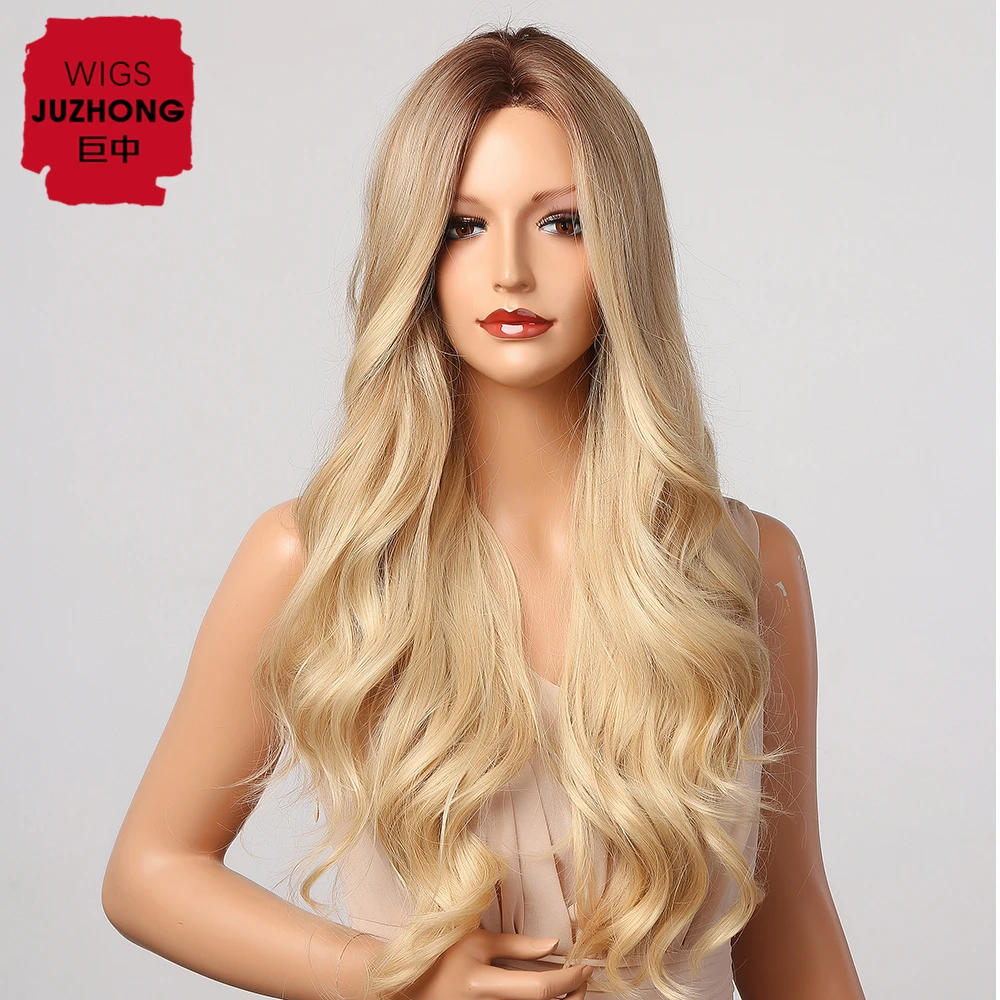 Cosplay Synthetic Wig Nature Wave Blonde Ombre Wig Long Curly Middle Part Heat Resistant Hair 0918