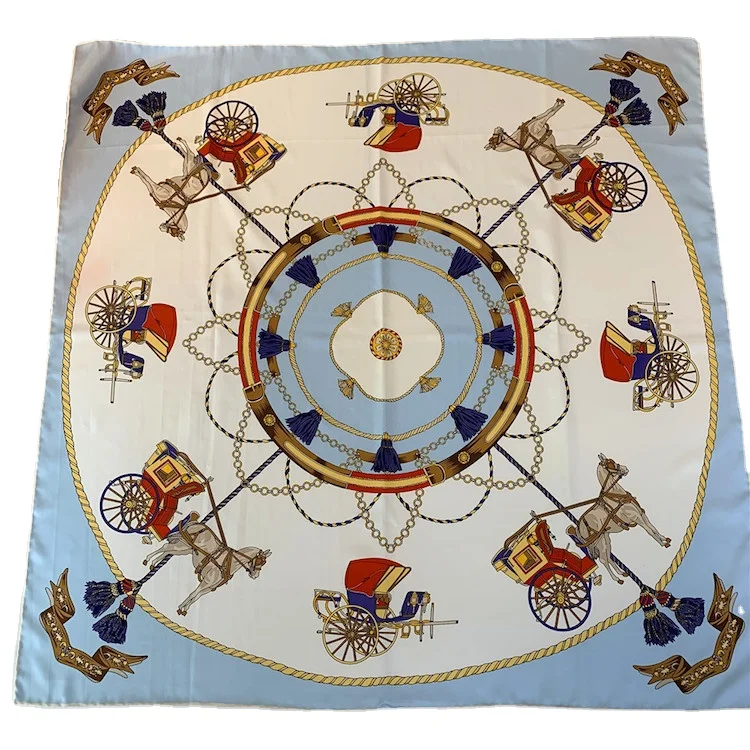
custom wholesale horse-drawn cabs printed Luxury style 90cm silk square scarf shawls with hand-made high quality printing 