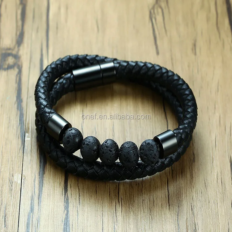 Personalized Custom Relationship Natural Chakra Lava Stone Beaded Leather Double Wrap Bracelet.jpg