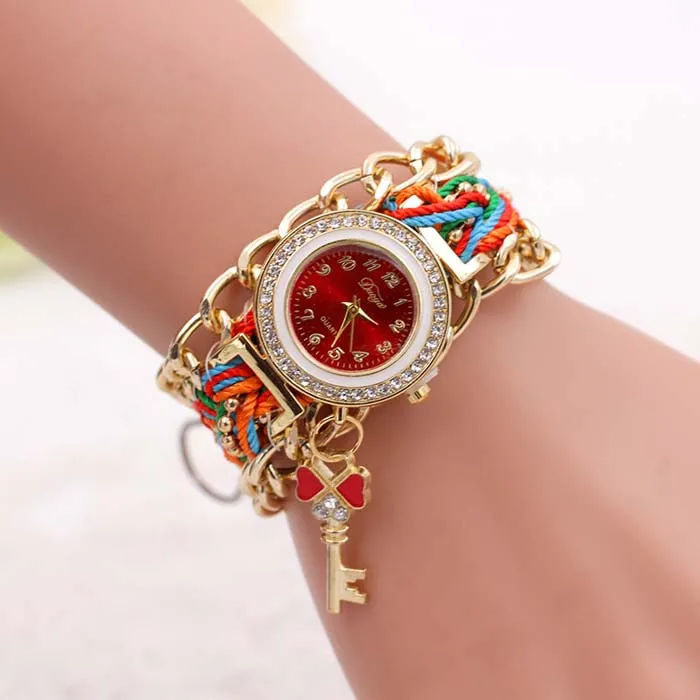 2020 Most Popular Product WW085 Vogue Bracelet Watch For Ladies Rhinestone Key Quartz Weave Wrap Watches Best Gifts Girls