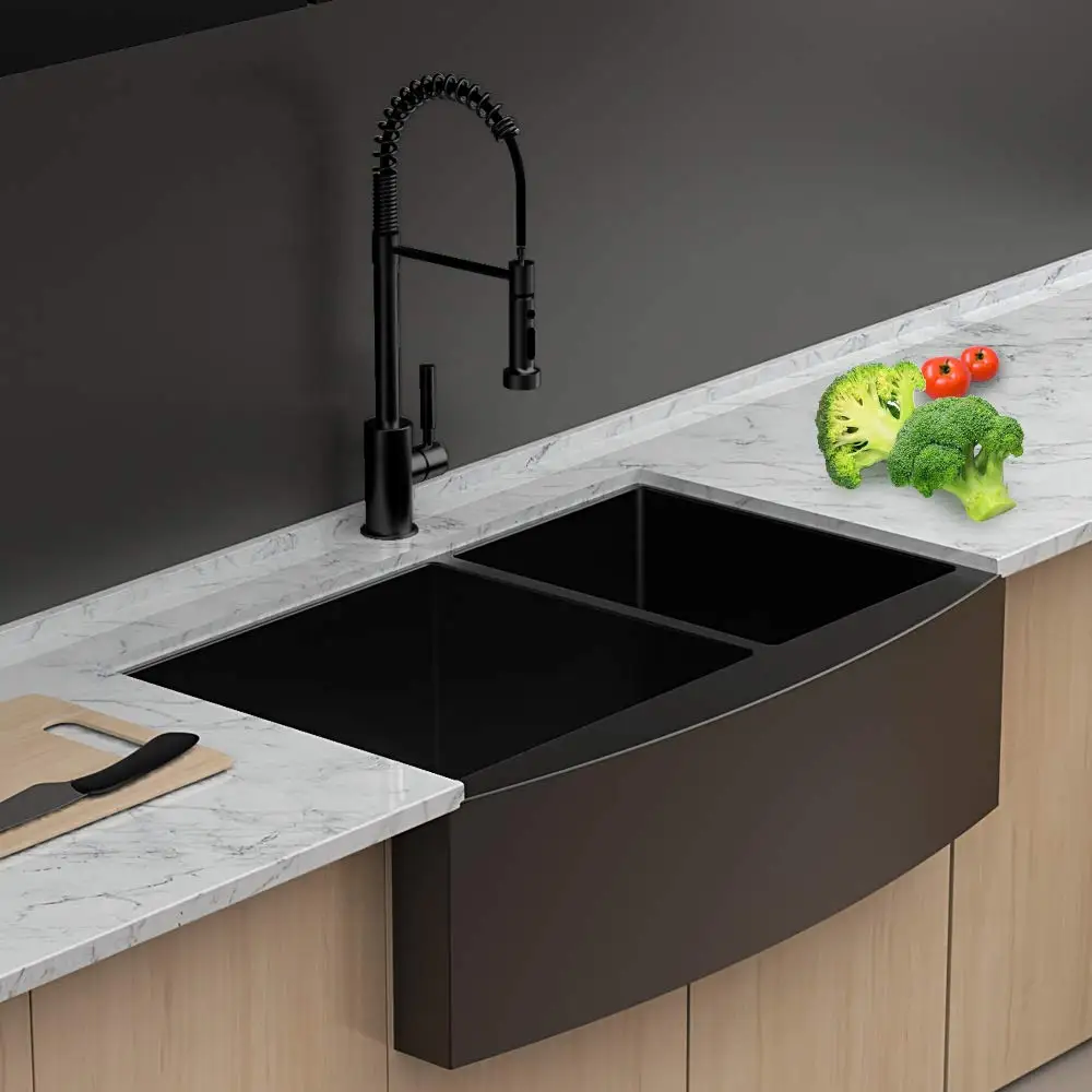 Matte Schwarz Bauernhaus Waschbecken Schürze Vorder Tiefem Doppel