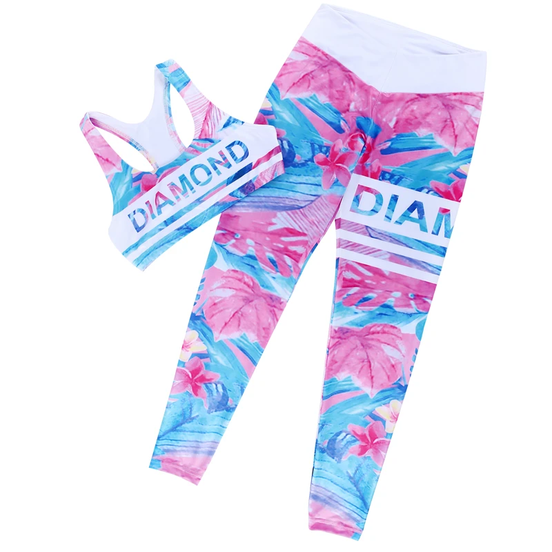 2020 eBay summer European and American style new women fashion 3D printing sports bra and yoga leggings set