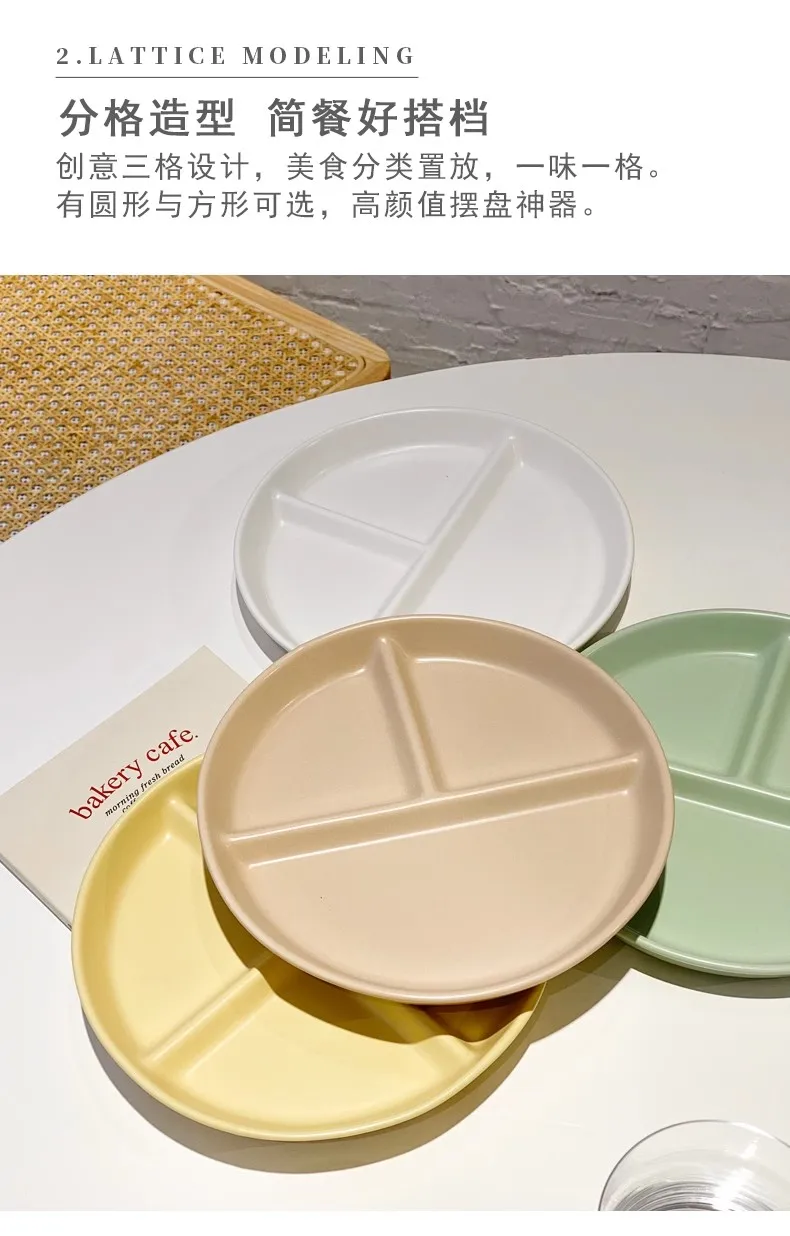 Round Ceramic Compartment Plate 3 Compartments Divided Plate Dinnerware