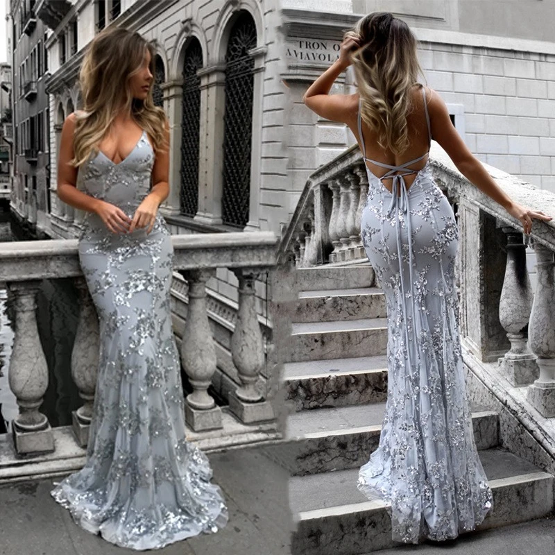 luxury western dresses for women YQY799 Luxury Gowns for Women Evening Dresses Elegant Sexy Sleeveless  V-Neck Sequin Long Party Dress Women Formal Dresses
