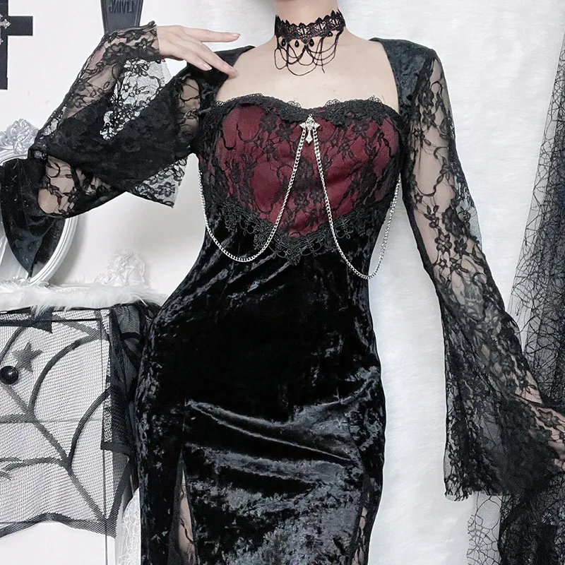 grunge fancy dress Gothic Women Evening Dresses Aesthetic Dark Wind Lace Splice Sexy Split Alt Outfits BEPLAYFUL