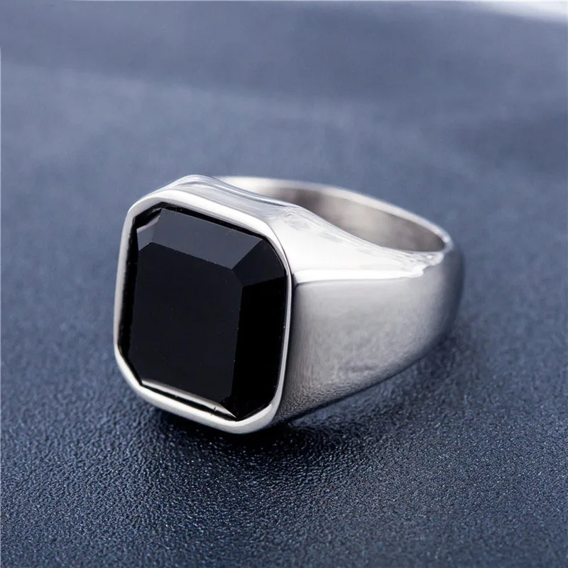 MOWEN® Mens Retro Style Stainless Steel Agate Ring Silver Black,Sizes 7#-14#