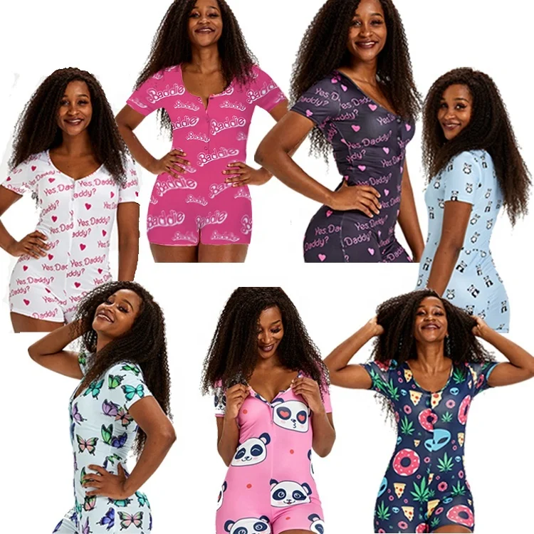 

USA hot sell Adult jumpsuit short sleeved pajama romper onesie for women