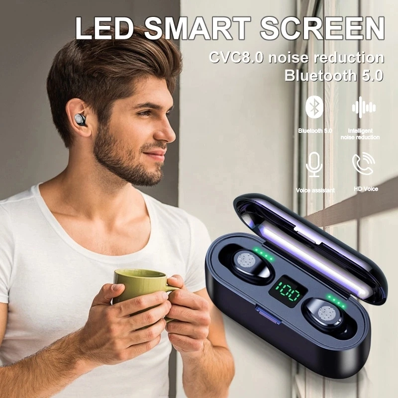 A-BST Hot selling noise cancelling sport bluetooth wireless earbuds with power bank battery display F9 F9 TWS Wireless Earphone - ANKUX.COM