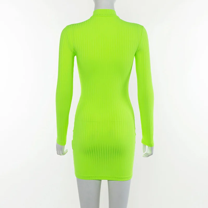 Guangzhou new arrival fall autumn season women turtleneck neon green  bodycon dress