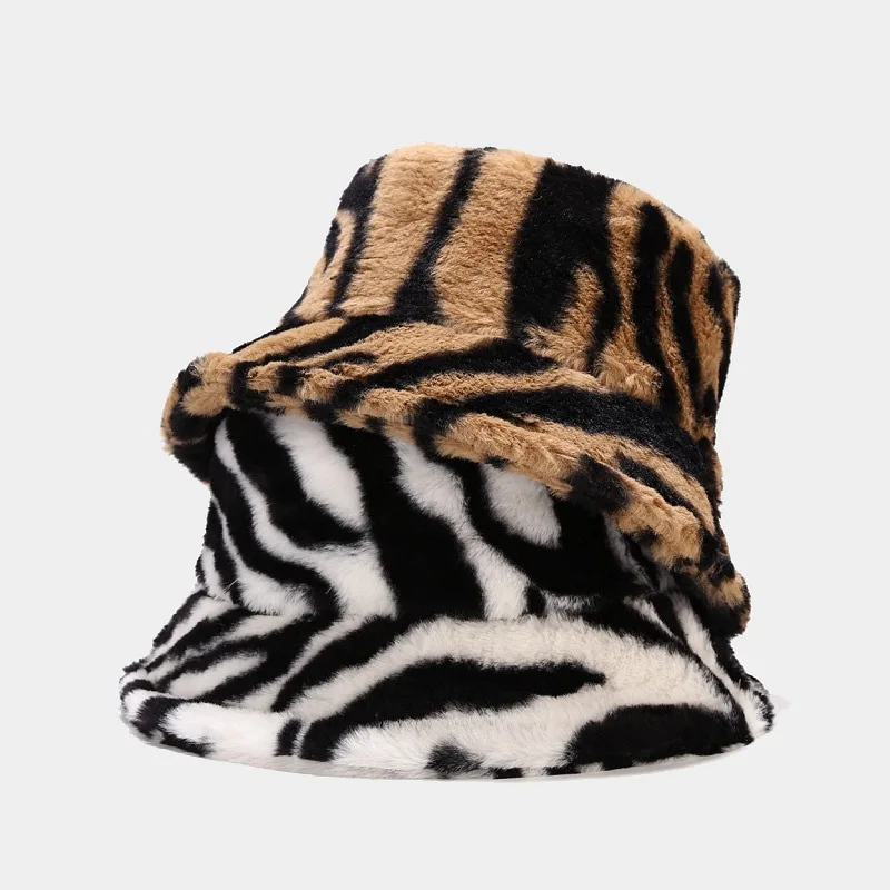 2021 trendy winter zebra pattern bucket hat korea style outdoor all-match Faux Fur warm hat for woman