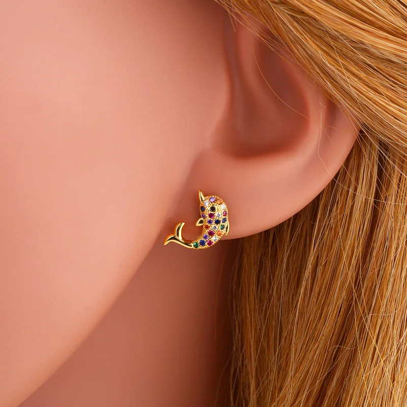 New Fashion 18K Gold Plated Rainbow Zircon Earrings Animal Elephant Dolphin Stud Earrings for Women