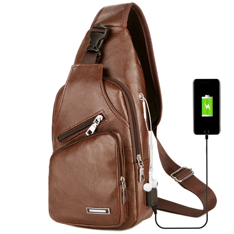 USB Charging Crossbody Anti-theft Chest Bag PU Leather Short Trip Messengers Bag Men Shoulder Bags M1091