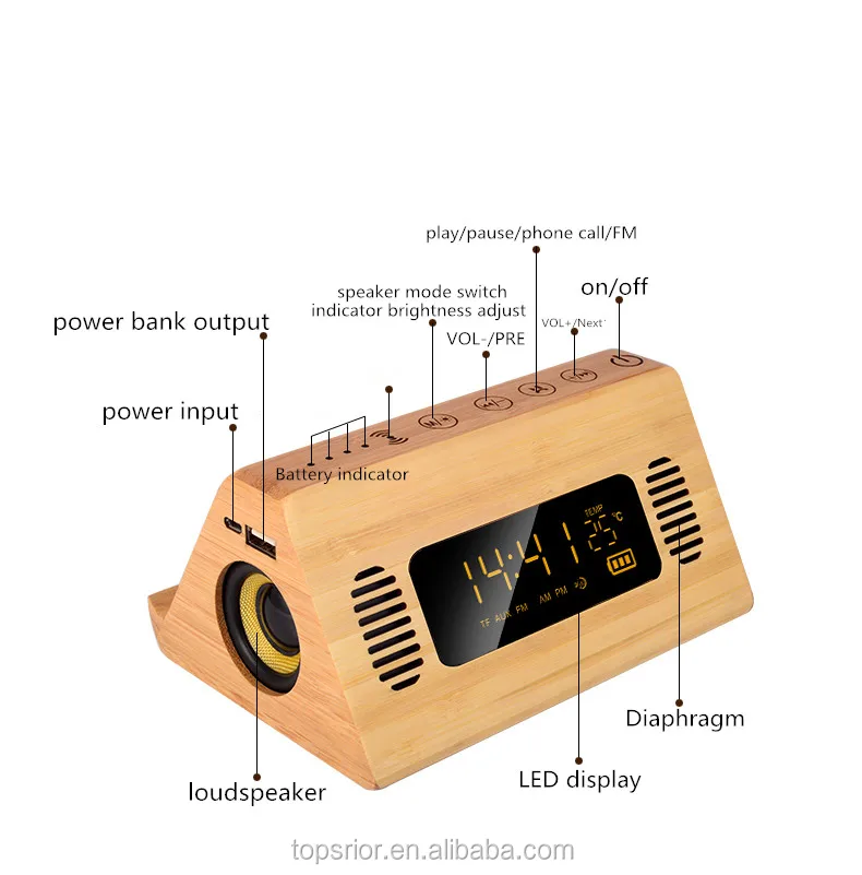 2019 new design power bank version wooden bluetooths speaker with alarm clock, wireless charger and LED TEMP display function - ANKUX.COM