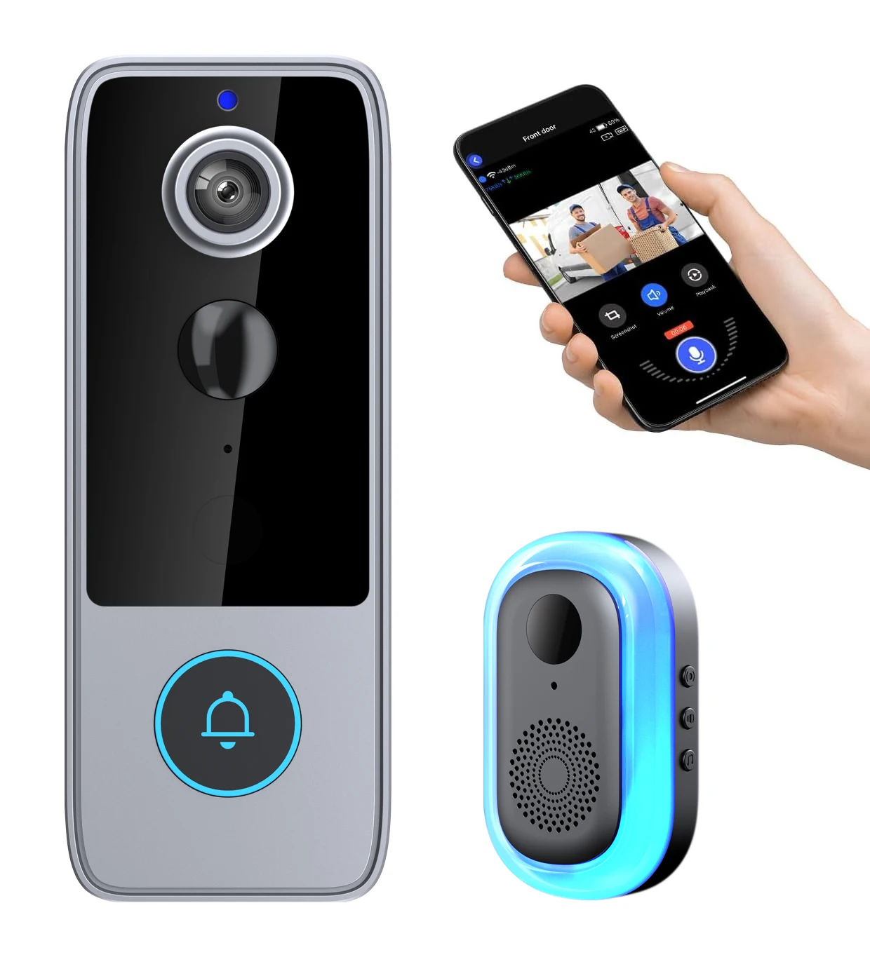 Close-up of a 1080p doorbell camera’s lens and IR LED ring showing night vision capability