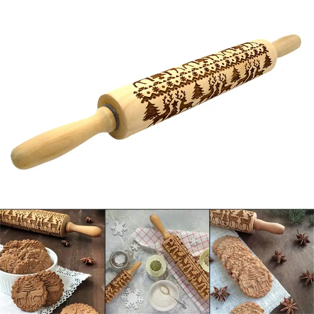 Christmas 3D Wooden Rolling Pin for Baking, Engraved Embossing Rolling Pin with Deer Tree Pattern for baking Christmas Theme