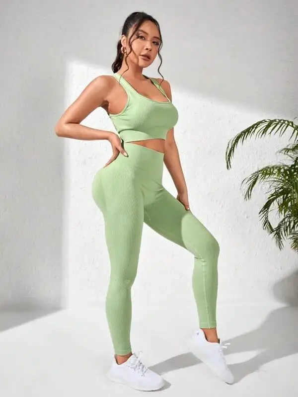 Custom Logo Gym Fitness Suit Workout Clothes Sports Bra Yoga Leggings 2