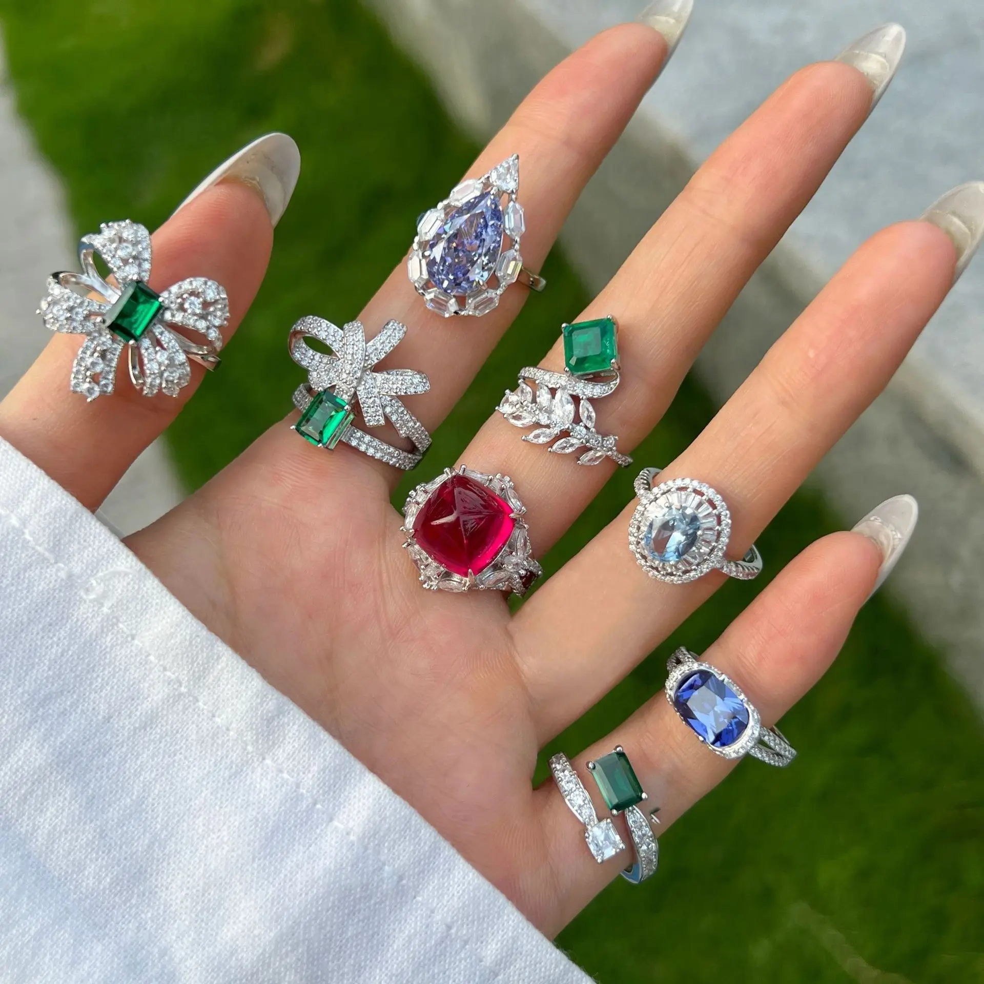 Women's S925 Sterling Silver Ring New Fine Gem Water Drop Geometric Bow Pagoda with Lab Diamond Gemstone Rings